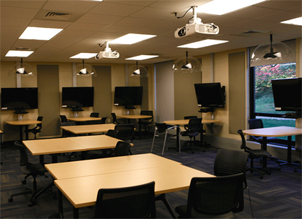 empty classroom displaying tech