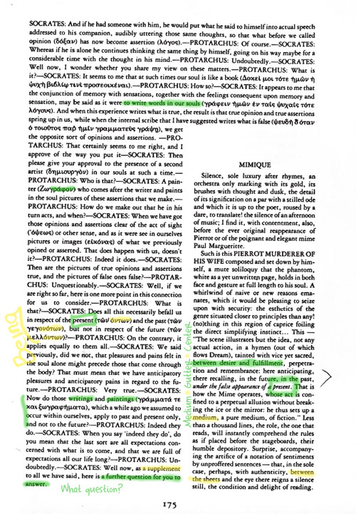 Image of page 175 of Dissemination. Includes author's highlighting in green and yellow with annotations.