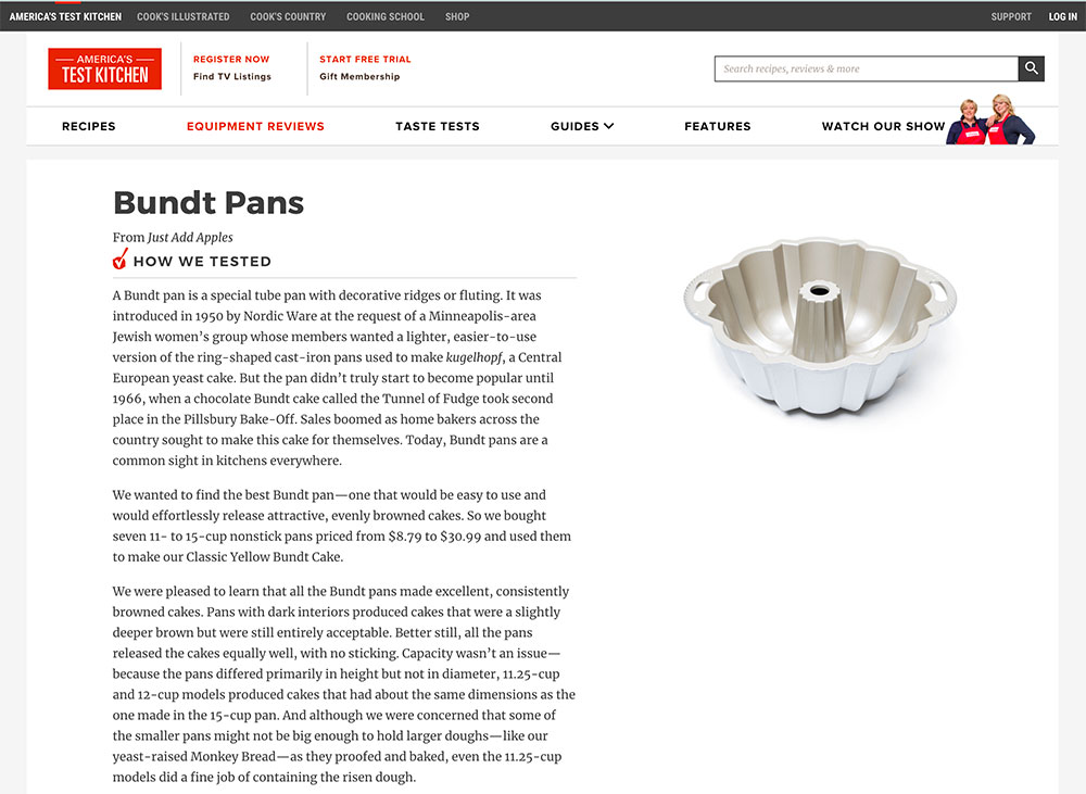 Screenshot of America’s Test Kitchen review of Bundt Pans