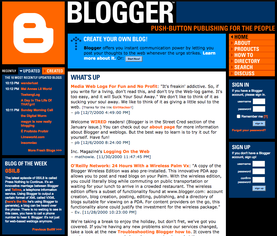 Screenshot of the Blogger homepage from December 15 2000