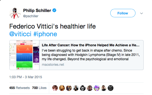 Screenshot of a tweet from Phil Schiller
