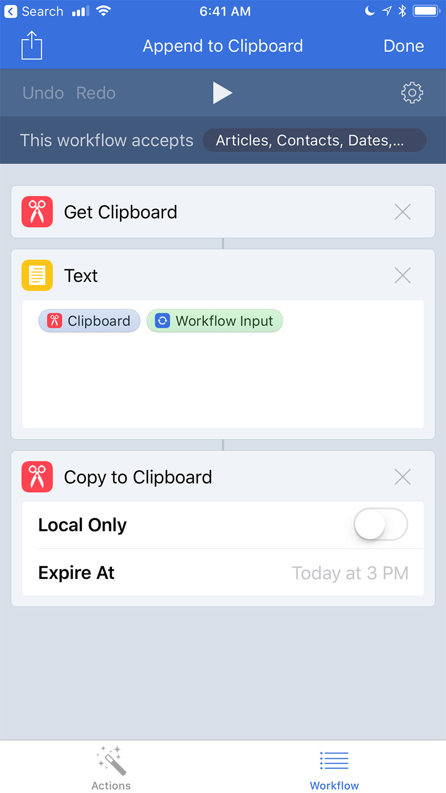 Screenshot of an iOS workflow to append clipboard text