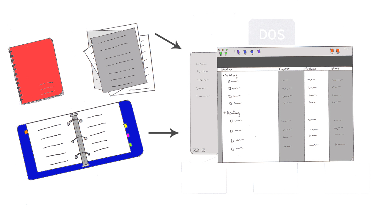Sketch of notebooks with arrows pointing to a computer screenshot