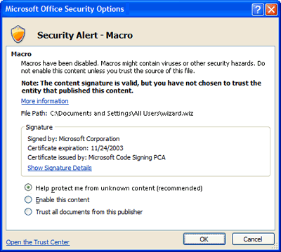 Screenshot of a macro warning alert in Microsoft Word.