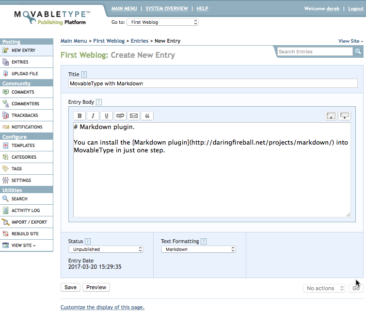 Screenshot of the Movable Type interface for version 3.38