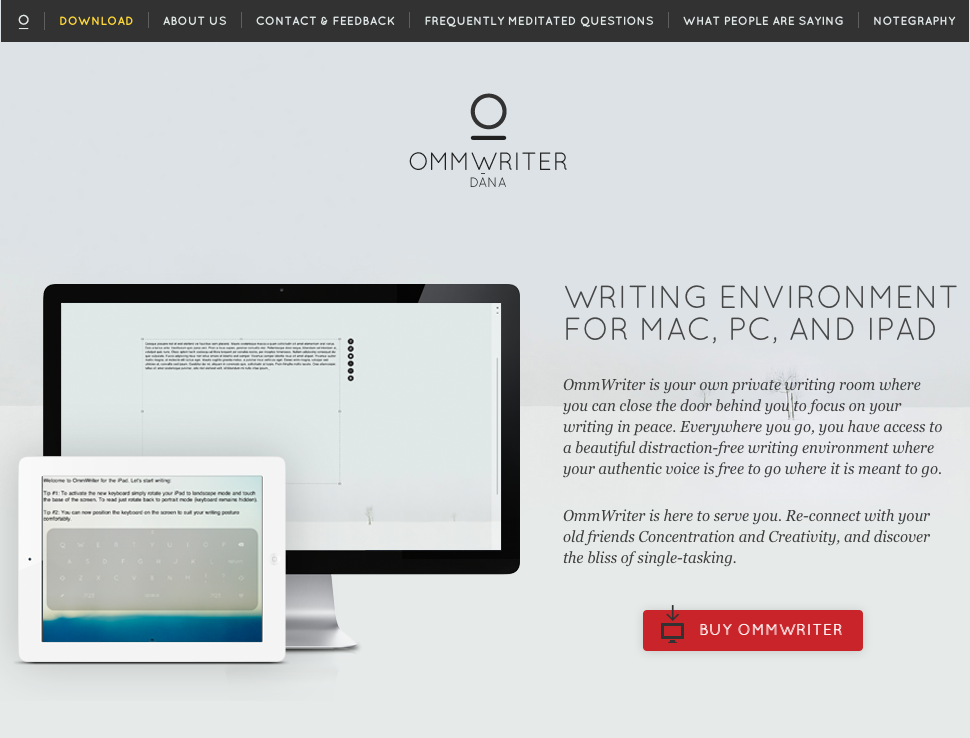 Screenshot of the OmmWriter homepage