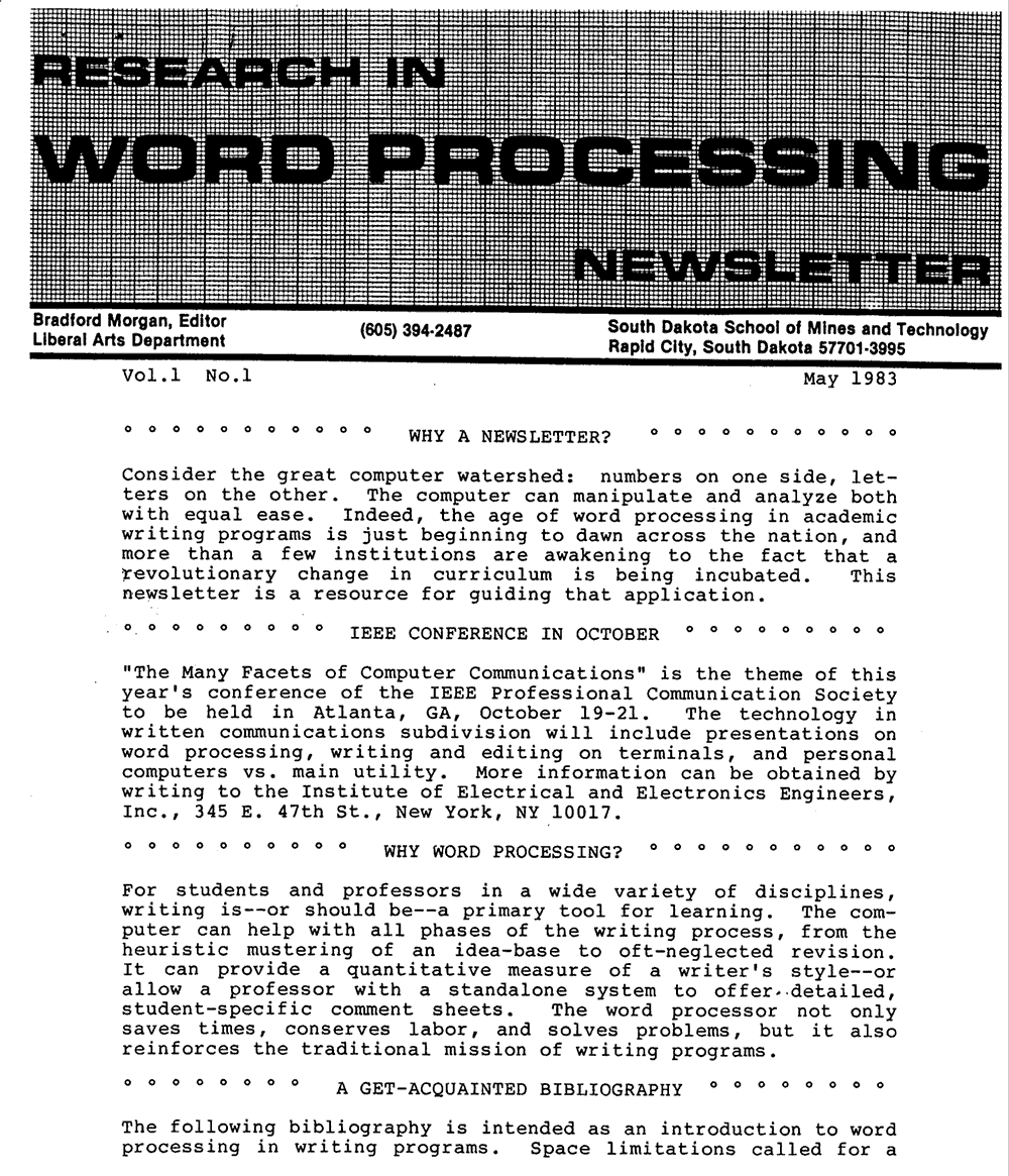 Image of the first issue of the Research in Word Processing Newsletter