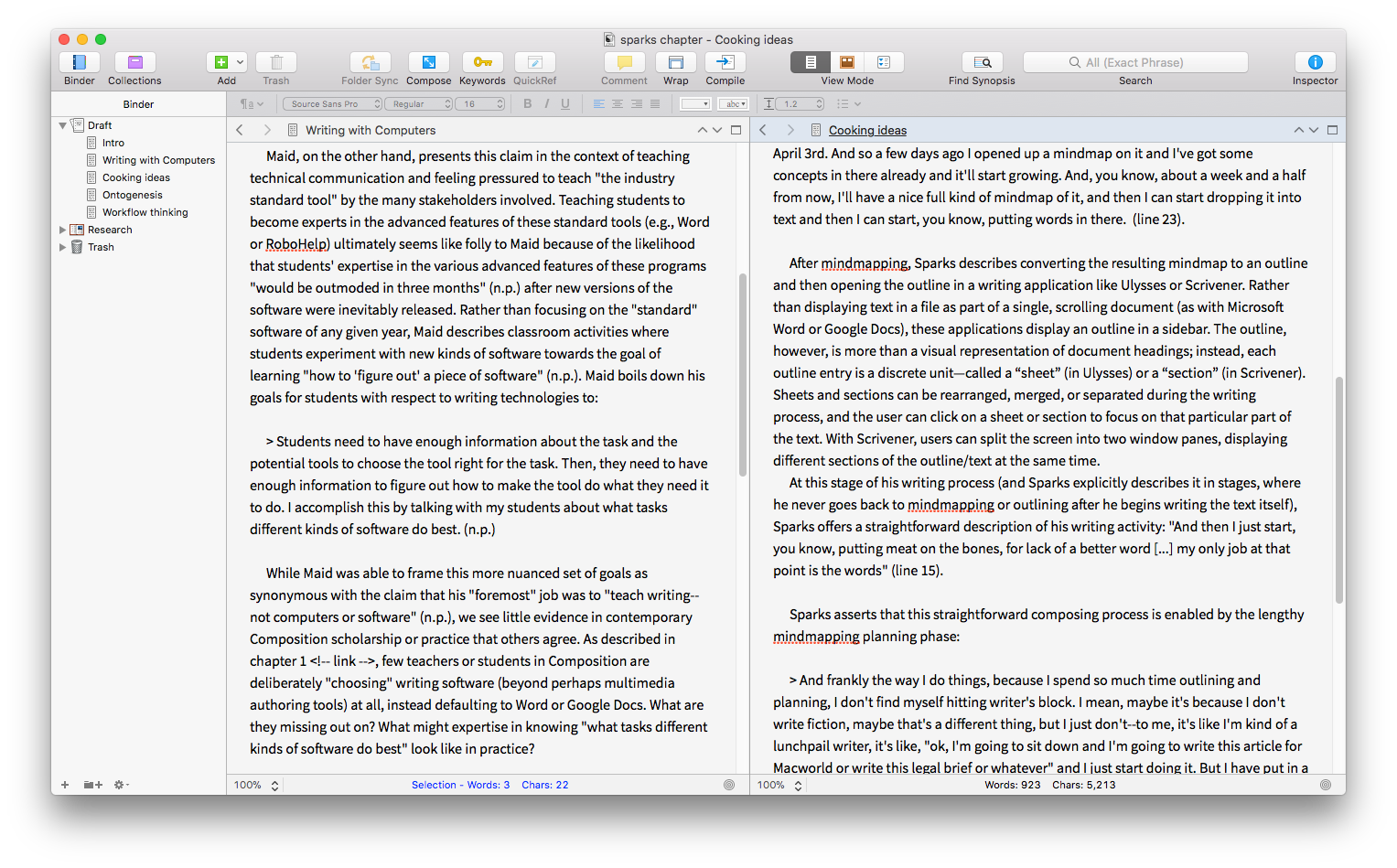 Screenshot of Scrivener interface