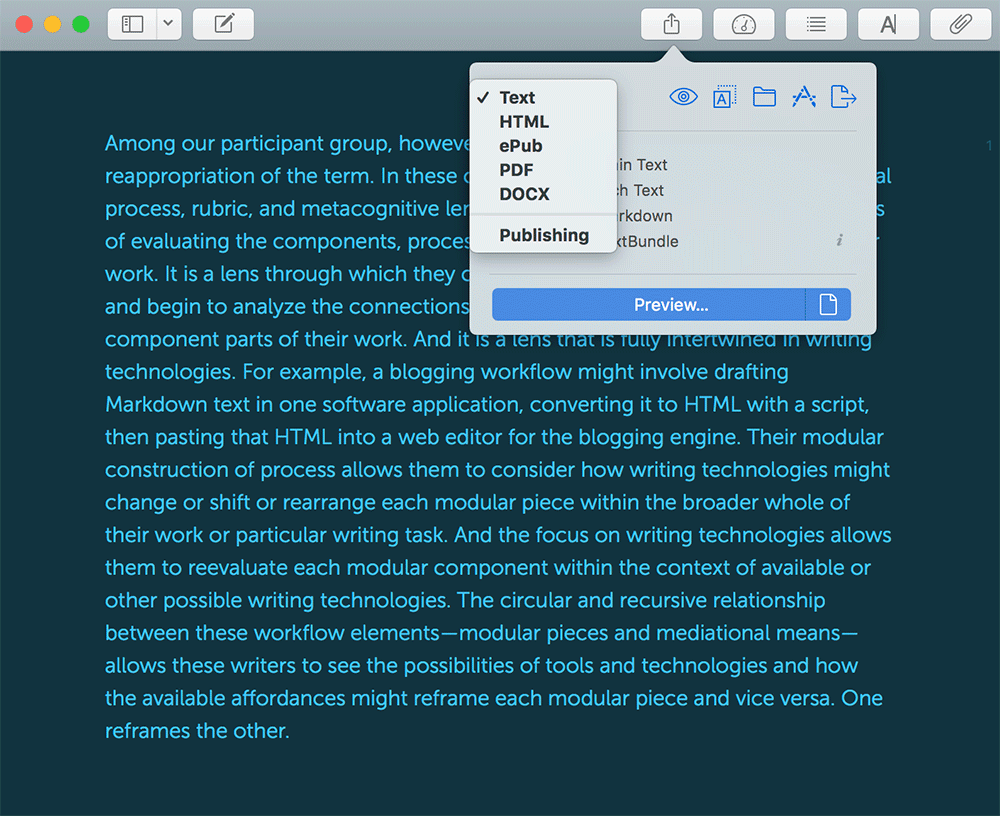 Screenshot of the Ulysses writing app export window