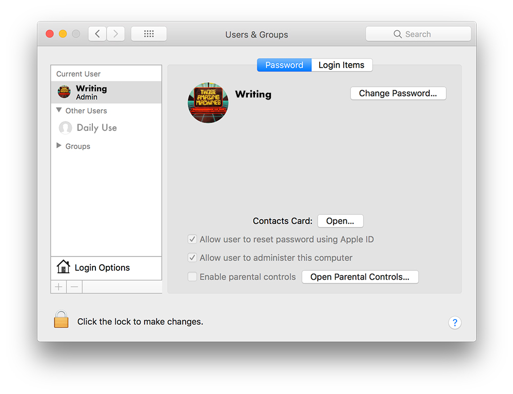 screenshot of the users control panel in Mac OS